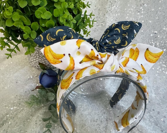 Bananas hand-knotted bow headbands. Retro top knot. Women's hair accessories. Baseball headband. Summertime headband.