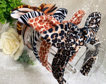 Safari inspired hand-knotted bow headbands. Retro top knot. Women's hair accessories. Leopard Giraffe Zebra Tiger headband.