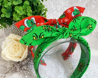 Holiday Green Guy Hand-Knotted Bow Headband: Retro Christmas Accessory