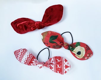 Hand-Knotted Holiday Hair Bow: Red Velvet, Nordic Fair Isle, Vintage Floral