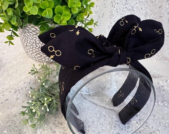 Wizard Glasses Bow Headband: Black & Gold Magical Hair Accessory