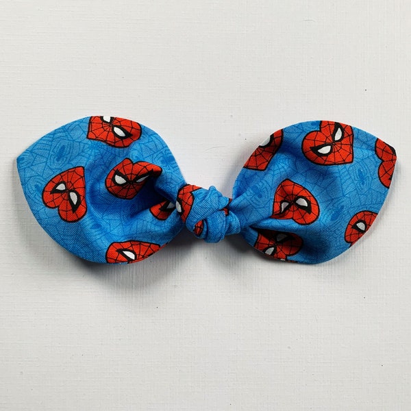 Marvel Spider-Man inspired hand-knotted hair bows. Retro top knot. Hair accessories. Heart hair bows. Comic book hair bow.