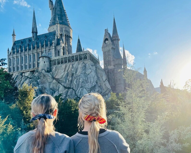 May include: Two people stand in front of a large stone castle with tall towers. The castle is gray and has many windows. The people are wearing casual clothing and have their hair pulled back. The sky is blue and there are trees in the background.