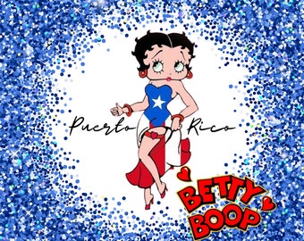 May include: Betty Boop cartoon character wearing a red, white, and blue dress with a star on the chest. The text "Puerto Rico" is written in cursive below the character. The background is a blue glitter pattern.