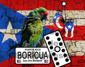 May include: A green parrot perched on a branch with a Puerto Rican flag background. The flag is cracked and weathered. There is a domino tile, a license plate that says "PUERTO RICO BORICUA Isla Del Encanto", and two boxing gloves with the Puerto Rican flag on them.