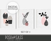 Cactus Wall Art Set of 3 Instant Download, Cactus Art Print Home Office Decor Print at Home Digital Download Minimalist Abstract Black White