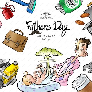 Vatertag Clipart, digitaler Clipart, Vater, Papa, Karte, Multipack-handbemalte Clipart, Instant-Download-Clipart, Grill, Krawatte, Schnurrbart