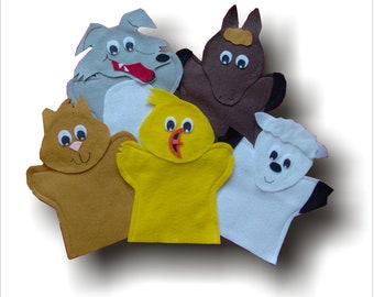 La poule Maboule , AIM Language Learning , French ,hand Puppets, set of 5 puppets, Chicken, Cat, Wolf, Sheep & Horse
