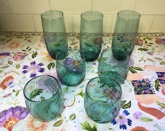 Vintage Set Turquoise Drinking Glasses MCM