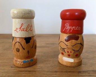 Vintage Wooden Salt and Pepper Shakers Chefs