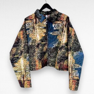 Hand made recycled tapestry jacket , zip up cropped oversize pattern, Jacket printed tapestry, y2K