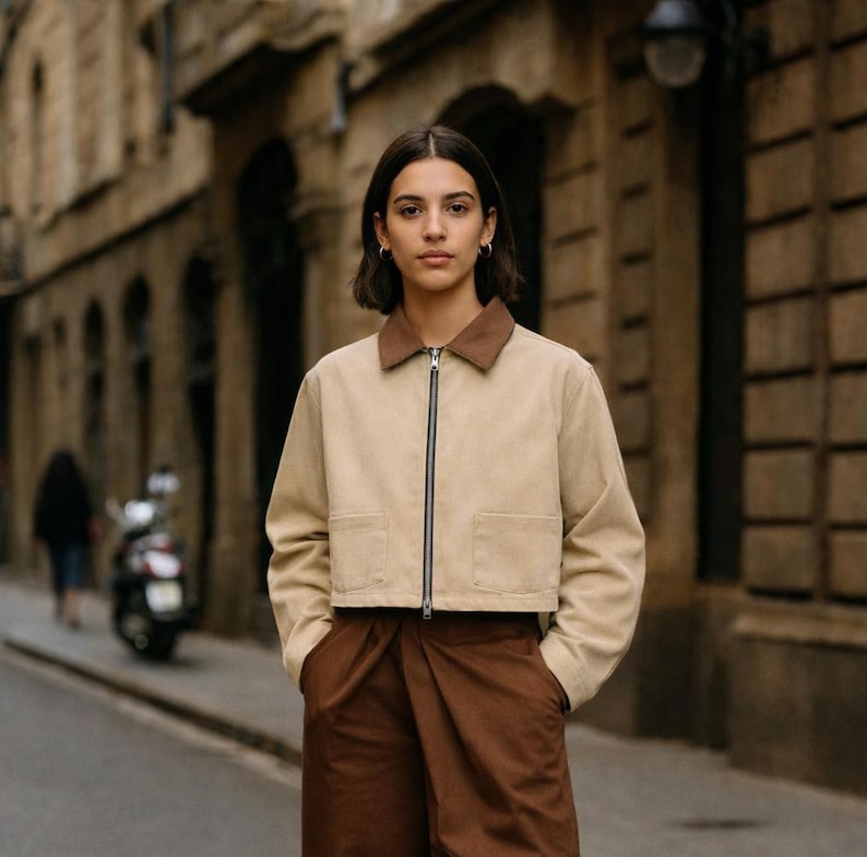 May include: A beige jacket with a brown collar and a zipper closure. The jacket has two front pockets and is paired with brown pants. The person in the image is standing on a city street.