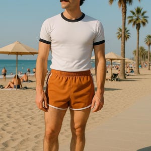 May include: A person wearing a white ringer tee with black trim, paired with orange shorts with white trim, a baseball cap, and black high-top sneakers. The scene is a sunny beach with palm trees and umbrellas.