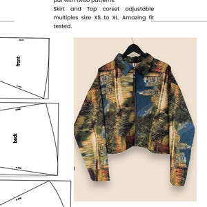 May include: A colorful jacket with a landscape design, hanging on a black hanger. The jacket has a zipper closure and a collared neckline. The image also includes pattern pieces and text that reads "INCLUDED" and "FRANI'STUDIC".