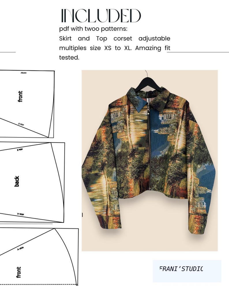 May include: A colorful jacket with a landscape design, hanging on a black hanger. The jacket has a zipper closure and a collared neckline. The image also includes pattern pieces and text that reads "INCLUDED" and "FRANI'STUDIC".