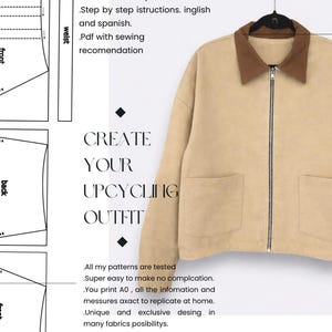 May include: A tan jacket with a brown collar and a silver zipper is displayed on a hanger. The image includes sewing pattern diagrams and text that reads "CONTENT", "CREATE YOUR UPCYCLING OUTFIT", and "FRANI'STUDIO".