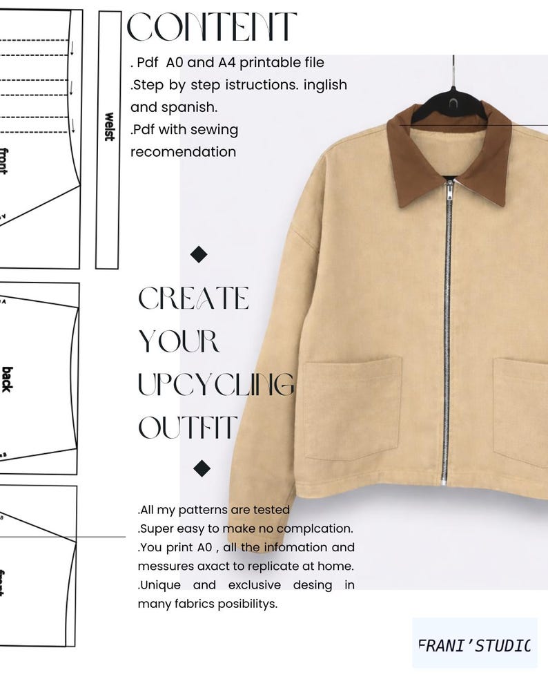 May include: A tan jacket with a brown collar and a silver zipper is displayed on a hanger. The image includes sewing pattern diagrams and text that reads "CONTENT", "CREATE YOUR UPCYCLING OUTFIT", and "FRANI'STUDIO".
