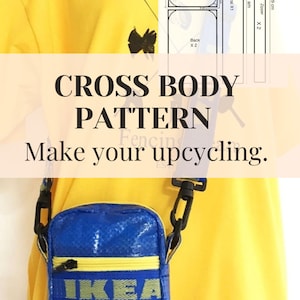 Könnte beinhalten: Eine blaue und gelbe Umhängetasche mit dem Wort "IKEA" auf der Vorderseite. Die Tasche ist aus recycelten Materialien hergestellt und eine großartige Möglichkeit, alte Gegenstände wiederzuverwenden. Das Schnittmuster für die Tasche ist im Bild enthalten.