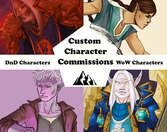 May include: A digital illustration of four custom character commissions. The characters are a human warrior, a female elf, a human rogue, and a male elf. The illustration is in a comic book style and features a variety of colors. The text "Custom Character Commissions" is written in the center of the image.
