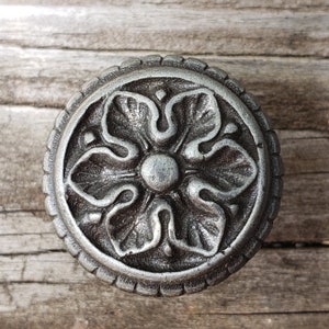 Knob Round Floral Solid Antique Pewter Black Silver Cabinet Furniture Hardware Vintage 1970s Made USA