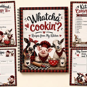 Könnte beinhalten: Ein spiralgebundenes Kochbuch mit dem Titel Whatcha cookin'? Recipes from My Kitchen, das eine Kuh, ein Schwein und eine Ziege mit rot karierten Accessoires zeigt. Enthält vier passende Rezeptkarten mit Umrechnungstabellen für die Küche.