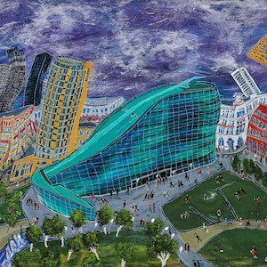 May include: A colorful painting of a city skyline with a large, modern, blue glass building in the foreground. The building is surrounded by smaller buildings and a park with trees and people. The sky is a dark purple with white clouds.