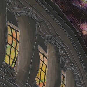May include: A painting of a dark, arched hallway with columns and a stained glass window. The window is a grid of yellow, orange, and green squares. The background is a dark purple with white stars.