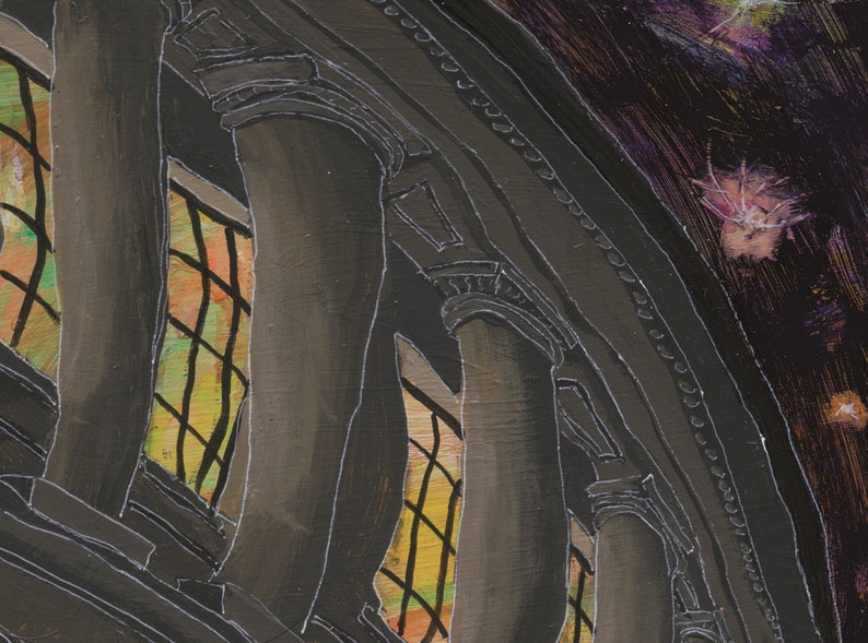 May include: A painting of a dark, arched hallway with columns and a stained glass window. The window is a grid of yellow, orange, and green squares. The background is a dark purple with white stars.