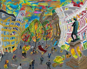 May include: A colorful painting of a city square with buildings, trees, and people. The buildings are painted in a variety of colors, including yellow, pink, and brown. The trees are green and have a whimsical, cartoon-like style. The people are small and are painted in a variety of colors. The painting is signed "GUTTERIDGE 2017".