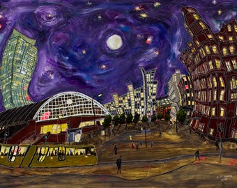 May include: A painting of a city skyline at night with a full moon and stars in the sky. The buildings are lit up and there is a tram in the foreground. The painting is done in a style reminiscent of Van Gogh.