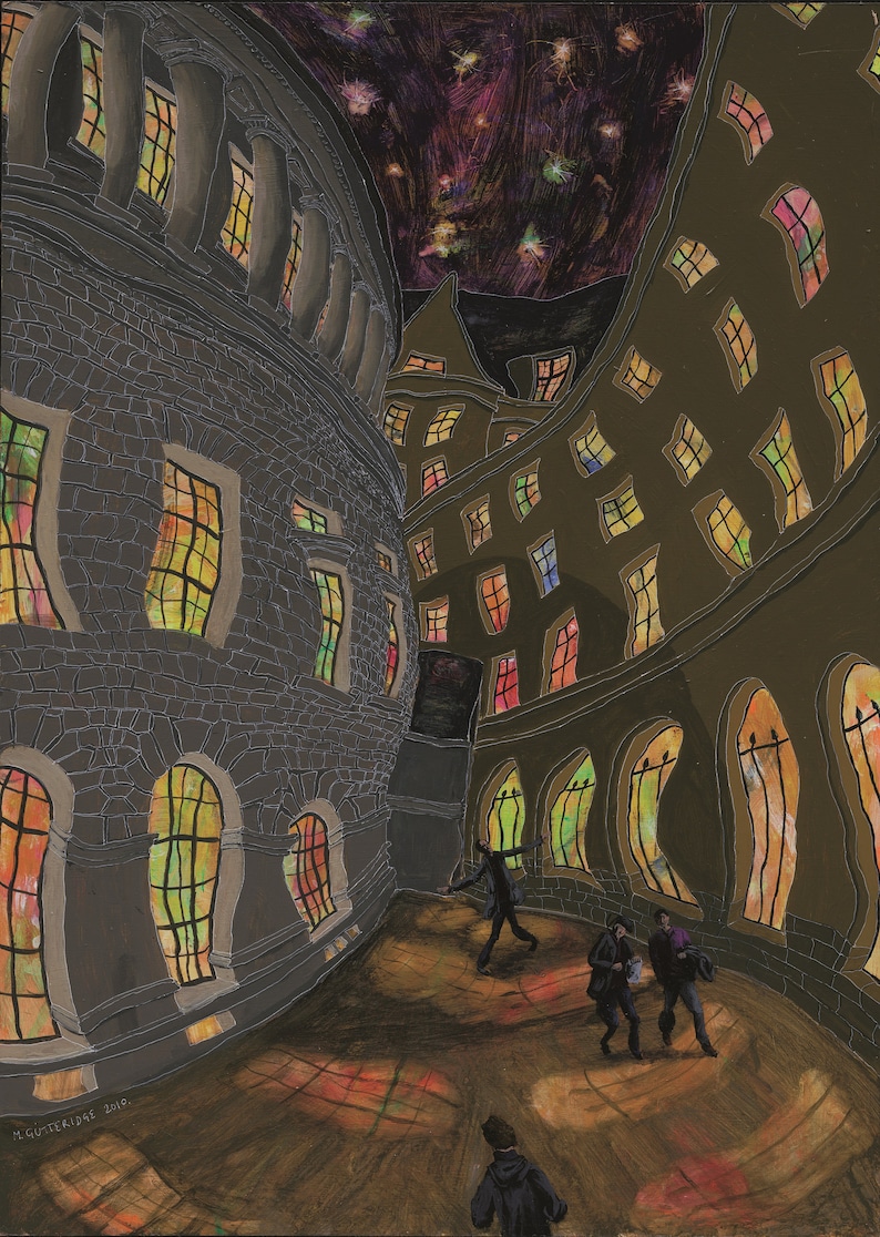 May include: A painting of a night scene with two buildings and people walking in the street. The buildings are made of stone and have many windows. The windows are lit up with colorful lights. The sky is dark and there are stars in the sky. The painting is signed "M.Gusteride 2018".