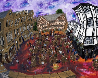 May include: A colorful painting of a bustling outdoor cafe scene in a European city. The cafe is surrounded by historic buildings with a mix of brick and timber construction. The cafe tables are filled with people enjoying drinks and conversation. The sky is a vibrant purple with clouds.