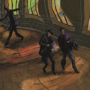 May include: Three figures in a dark, shadowy room with a brick wall and stained glass windows. The figures are wearing dark clothing and are walking in different directions. The room is lit by a soft, warm light.