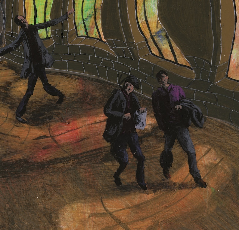 May include: Three figures in a dark, shadowy room with a brick wall and stained glass windows. The figures are wearing dark clothing and are walking in different directions. The room is lit by a soft, warm light.
