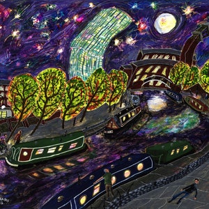 May include: A painting of a city scene at night with a canal, boats, and buildings. The sky is dark blue with stars and a full moon. The buildings are lit up with yellow lights. There are trees along the canal and people walking on the sidewalk.