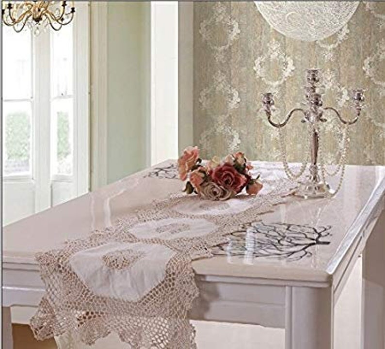 White Color Cotton Hand Crochet Table Cloth Table Runner Multiple Sizes