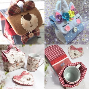 Può includere: Quattro oggetti artigianali in tessuto: un sottobicchiere per tazza a forma di orso marrone, un sottobicchiere per tazza a forma di unicorno blu, un sottobicchiere per tazza a quadri rosso e bianco e un sottobicchiere per tazza a gatti bianchi e marroni con un sottobicchiere a forma di cuore.