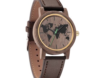 Walnut wood watch unisex world map design anniversary gift, wood watch men, women wooden watch