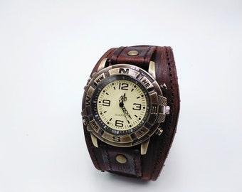 Steampunk leather watch anniversary gift, wood watch men, women wooden watch