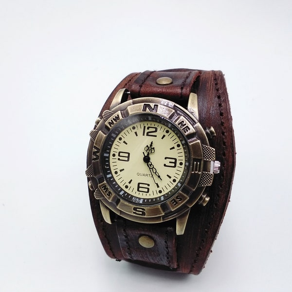 Steampunk leather watch anniversary gift, wood watch men, women wooden watch
