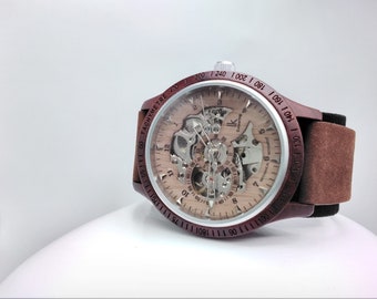 Rosewood mechanical wooden watch automatic anniversary gift, wood watch men, women wooden watch