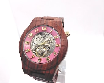 Natural rose wood mechanical watch anniversary gift, wood watch men, women wooden watch