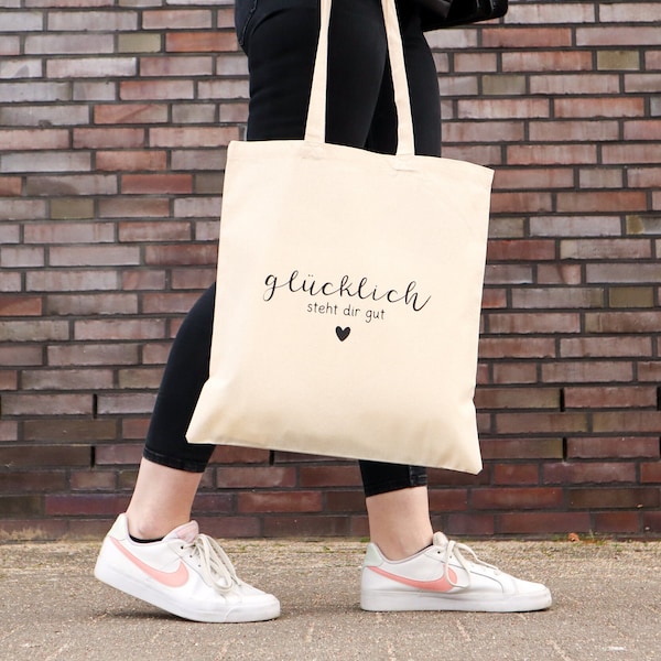 Baumwolltasche bedruckt Glücklich steht dir gut | Jutebeutel mit Spruch als Geschenk für Freundin | Shopper Bag | Canvas Tasche Damen