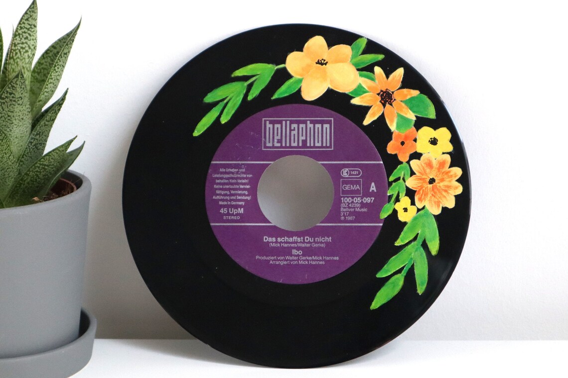 Painted Vinyl Record Flower Floral Acrylic Paint Record Etsy UK