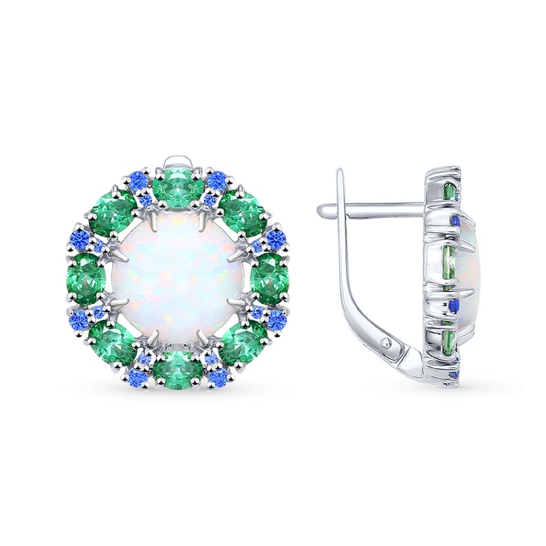 Blue /& Green Cubic Zirconia Sokolov Russian Jewelry 925 Silver Earrings with Opal