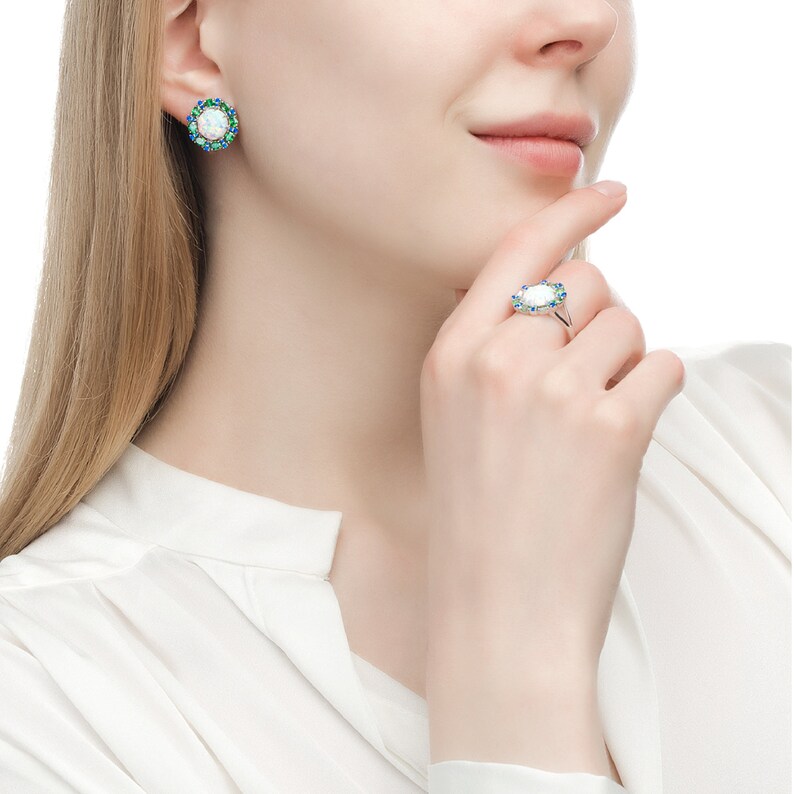 Blue /& Green Cubic Zirconia Sokolov Russian Jewelry 925 Silver Earrings with Opal