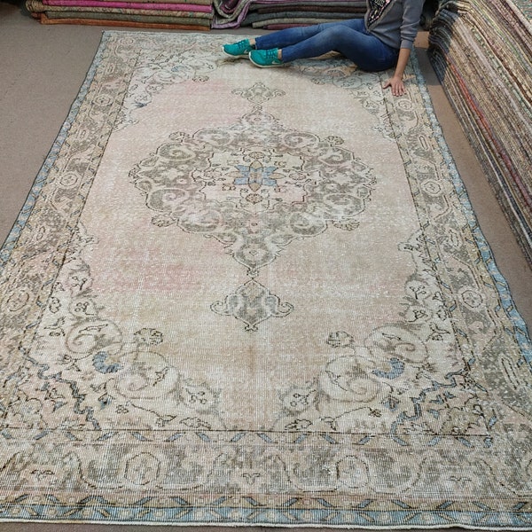 Turkish Floral Abrash Boho Living Room Decor Rug 6'7" X 10'2"  Handmade Rug, Large Rug Living room ,Area Rug 8x10 , Turkish Floral Rug RA223