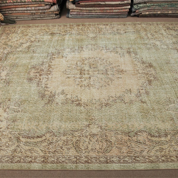 Turkish Area Rug , Antique Faded Green Beige 7'1" X 10'3" , Vintage Area Rugs , Oriental Distressed Kitchen Rug 8x10 Turkish Green Rug RA351