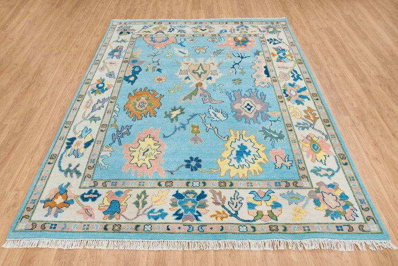 Sky Blue Oushak Rug Knotted Rug Turkish Oushak Wool Rug Etsy