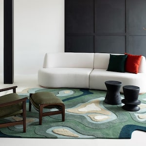 Irregular Shaped green/beige/blue Rug Hand-Tufted Wool Handmade Area Rug Carpet for Home, Bedroom, Living Room, Kids Room